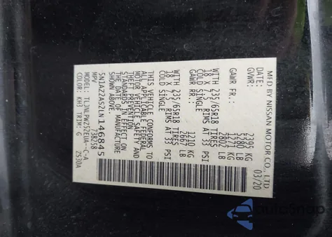 2020 Nissan Murano S Intelligent Awd z USA, uszkodzony, nr VIN 5N1AZ2AS2LN146845